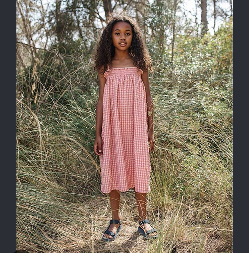 Picnik Barcelona Pink Beige Gingham Vichy Long Dress Adjustable Straps Spain 8Y